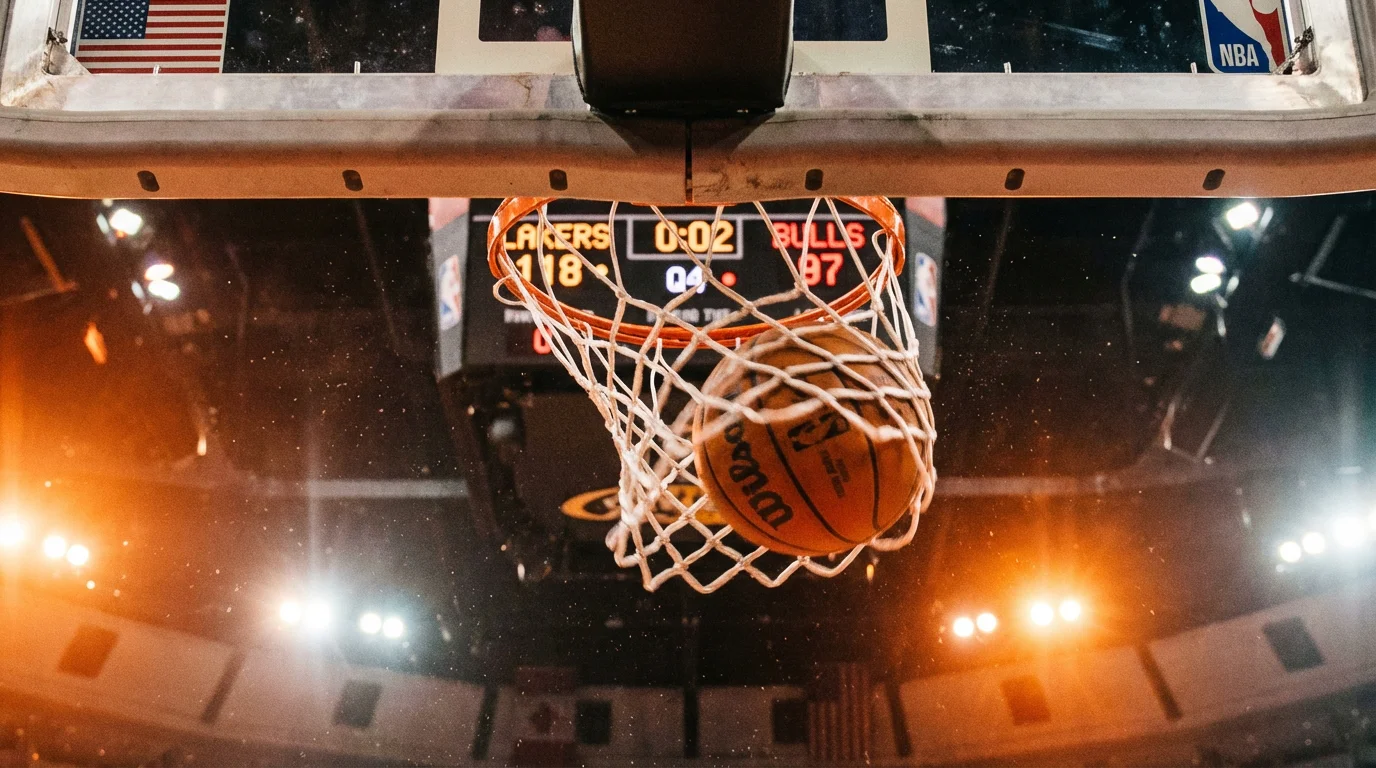 Marcador eletronico de jogo de basquetebol NBA com pontuacao alta e bola junto ao cesto