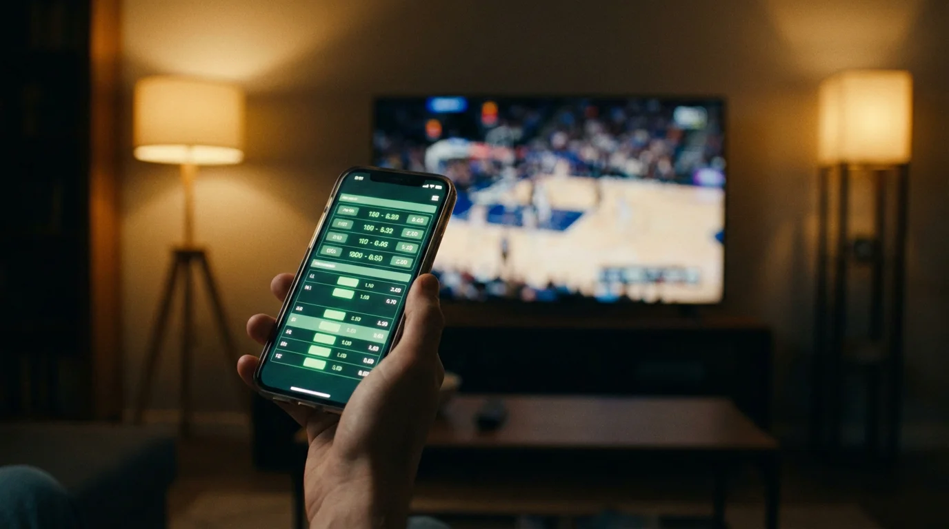 Telemóvel com apostas ao vivo durante um jogo de basquetebol num pavilhão iluminado