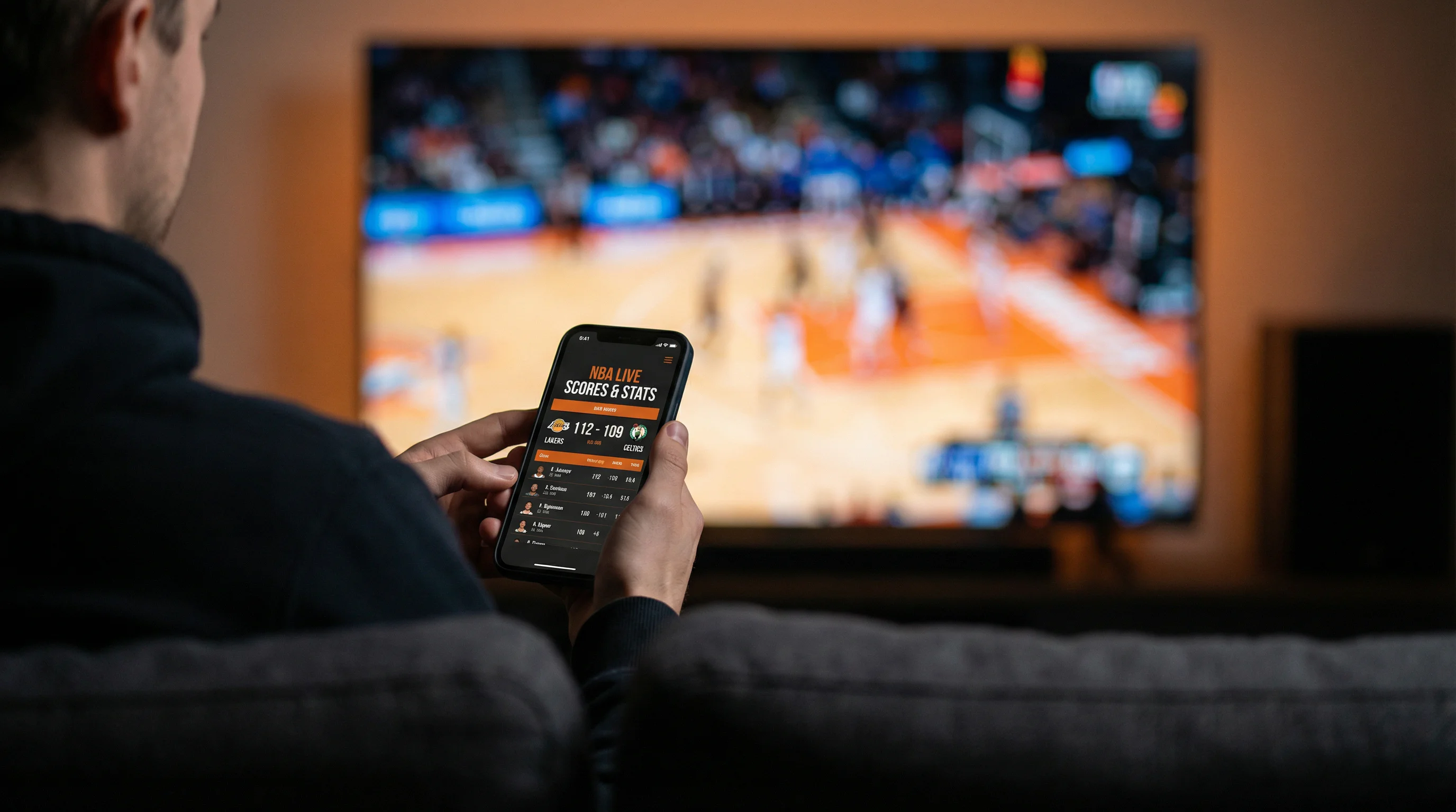 Apostador a acompanhar apostas ao vivo de basquetebol no telemóvel durante um jogo