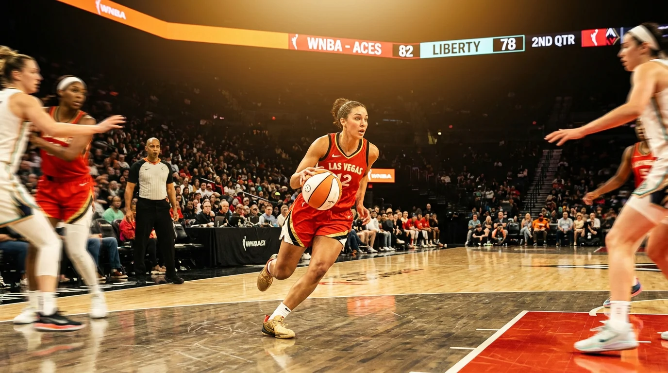 Jogadora de basquetebol WNBA em acao de drible durante jogo com arena iluminada