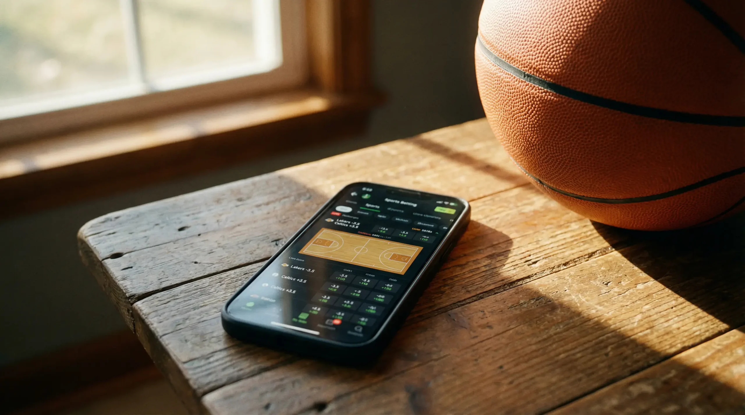Telemovel com aplicacao de apostas desportivas de basquetebol aberta junto a uma bola de basquetebol