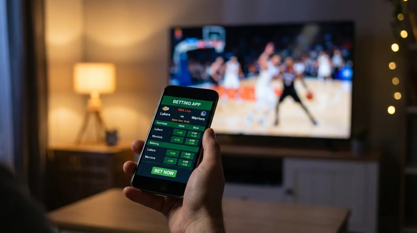 Telemovel com aplicacao de apostas ao vivo de basquetebol e jogo da NBA no fundo