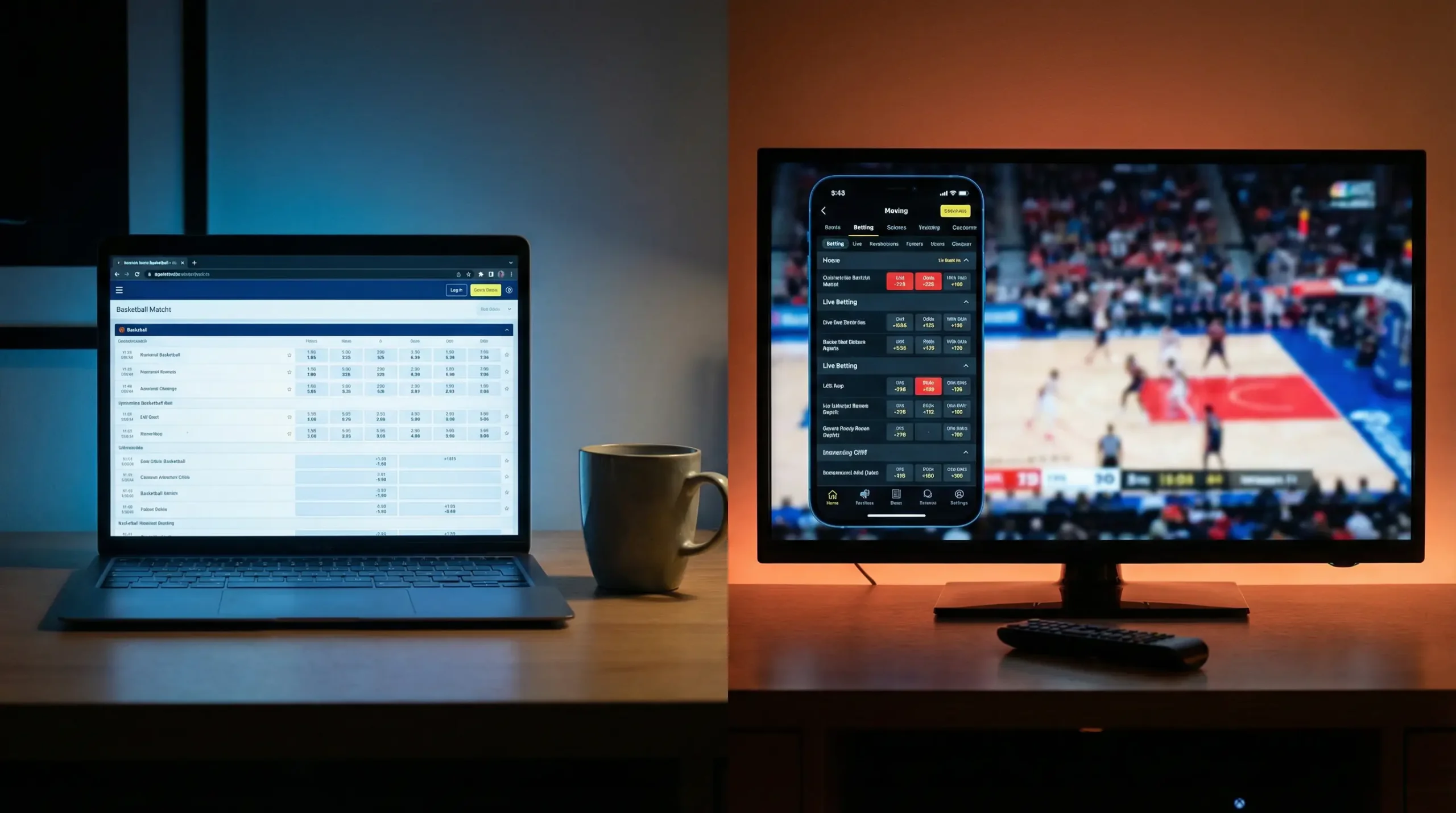 Ecra dividido ao meio com odds pre-jogo de um lado e odds ao vivo do outro num jogo de basquetebol