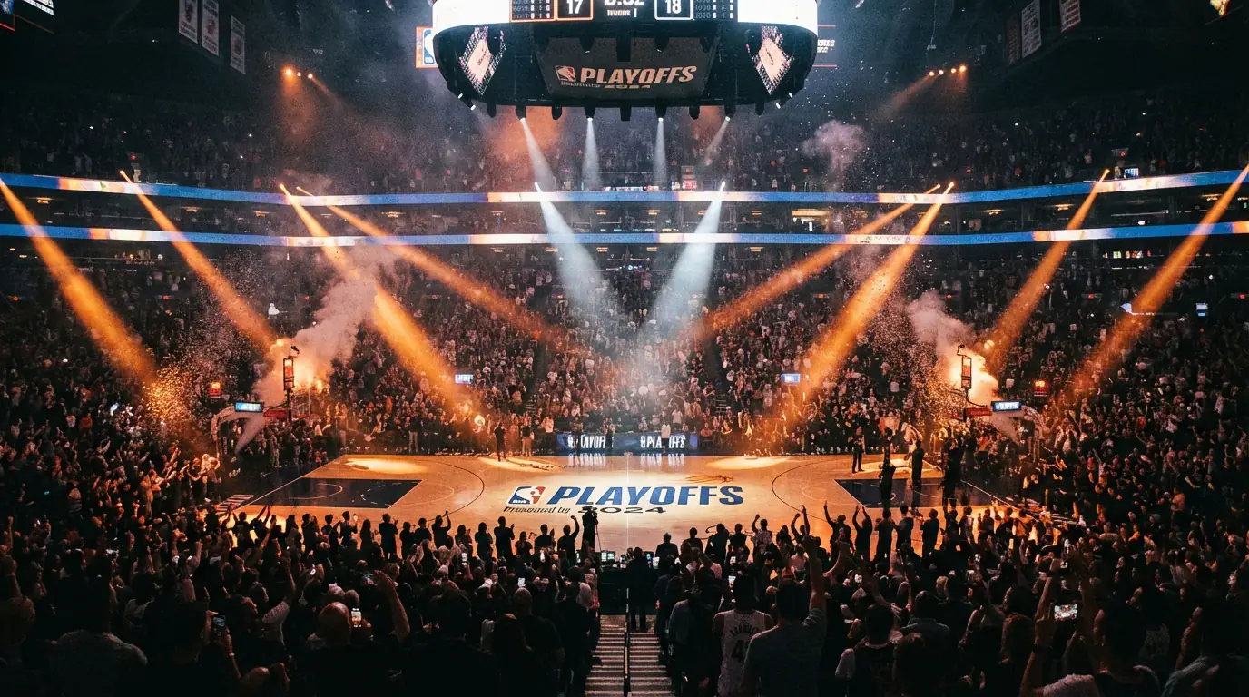 Arena de basquetebol NBA durante jogo de playoffs com publico entusiasmado e marcador aceso