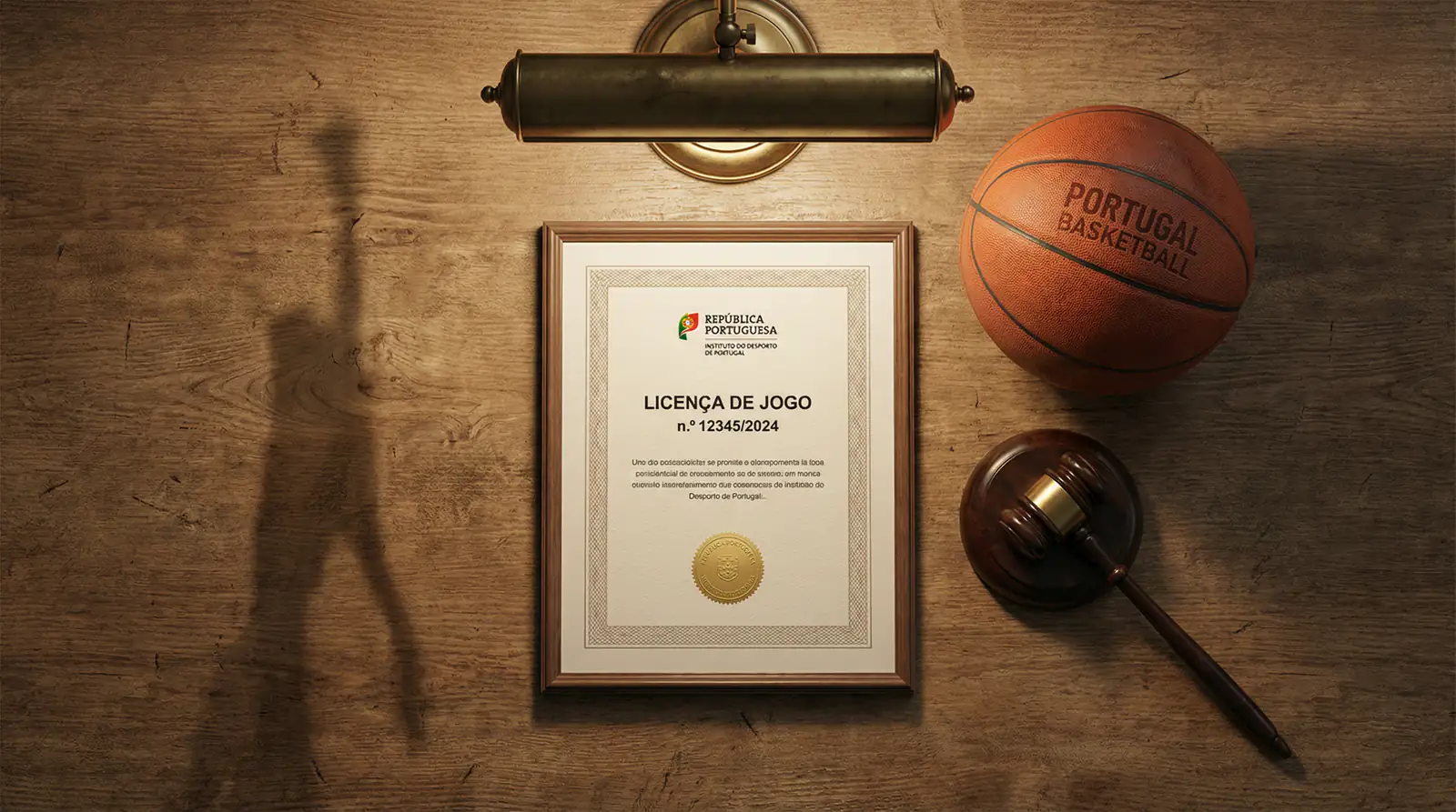 Documento oficial de licenca de jogo online com simbolo do SRIJ e bola de basquetebol