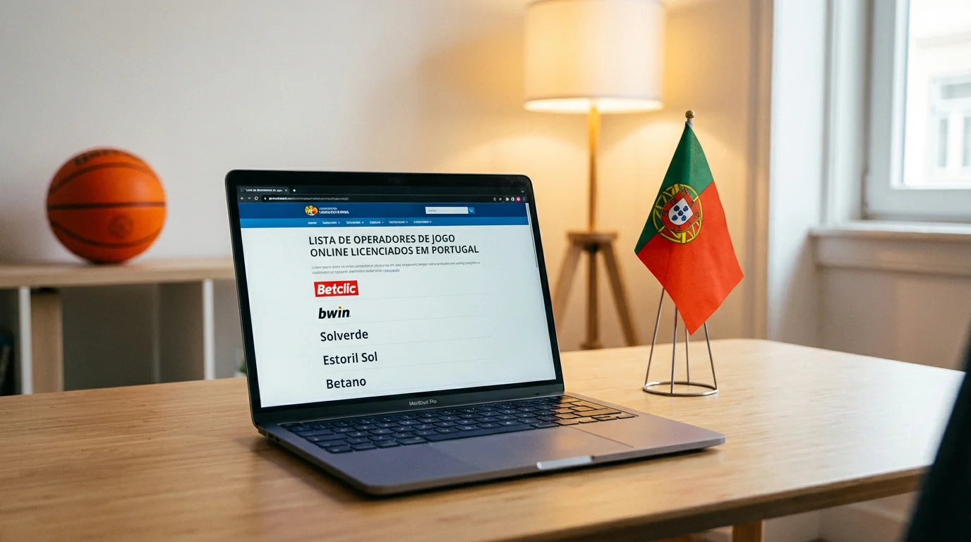 Ecra de computador com lista de operadores de apostas licenciados e bandeira de Portugal