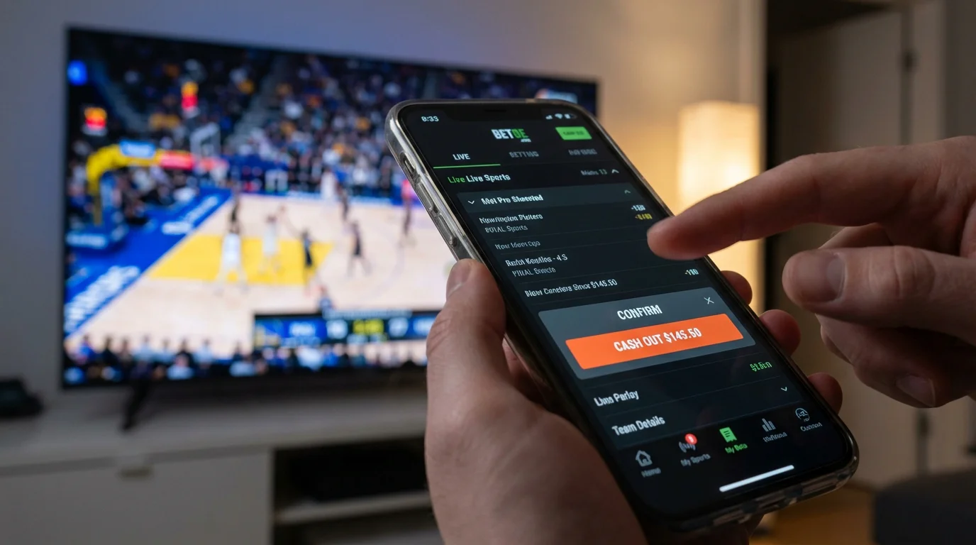 Ecra de telemovel com botao de cash out ativo durante aposta ao vivo num jogo de basquetebol