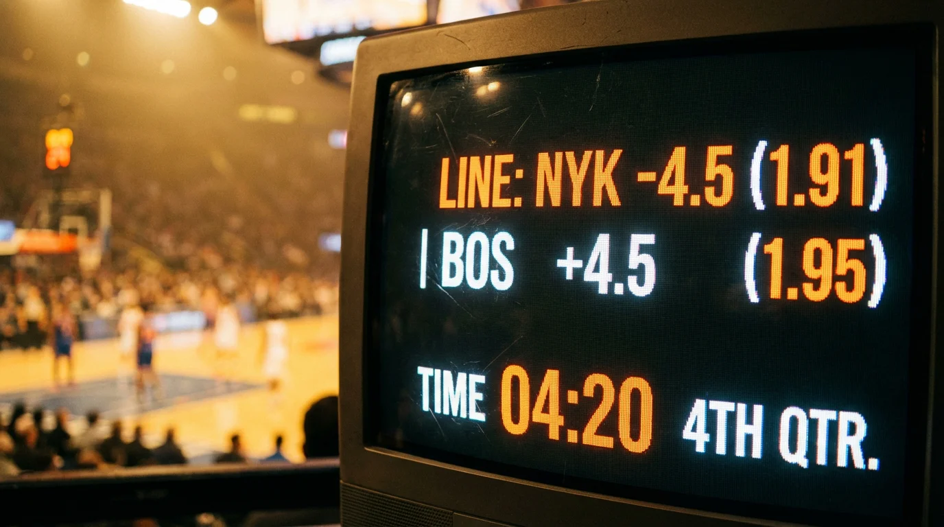 Tabela de resultados de basquetebol com linha de spread e odds num ecra de apostas desportivas