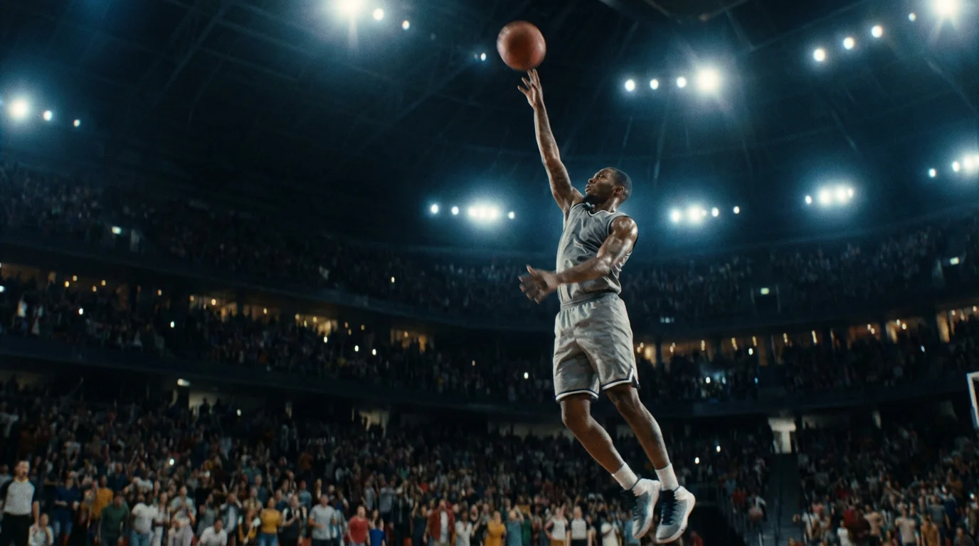 Jogador de basquetebol da NBA em ação durante um jogo noturno no pavilhão