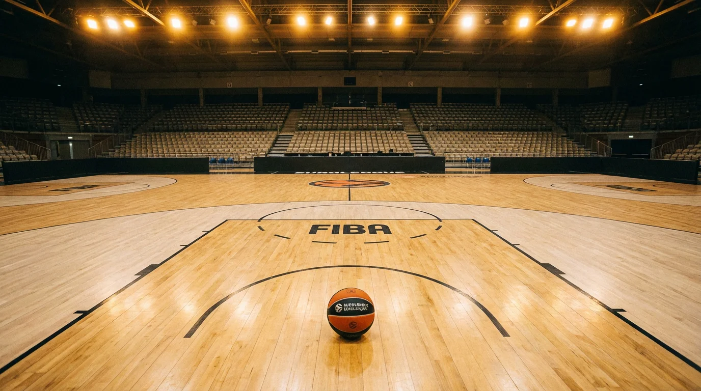 Campo de basquetebol europeu com marcacoes FIBA e bola oficial da EuroLeague ao centro