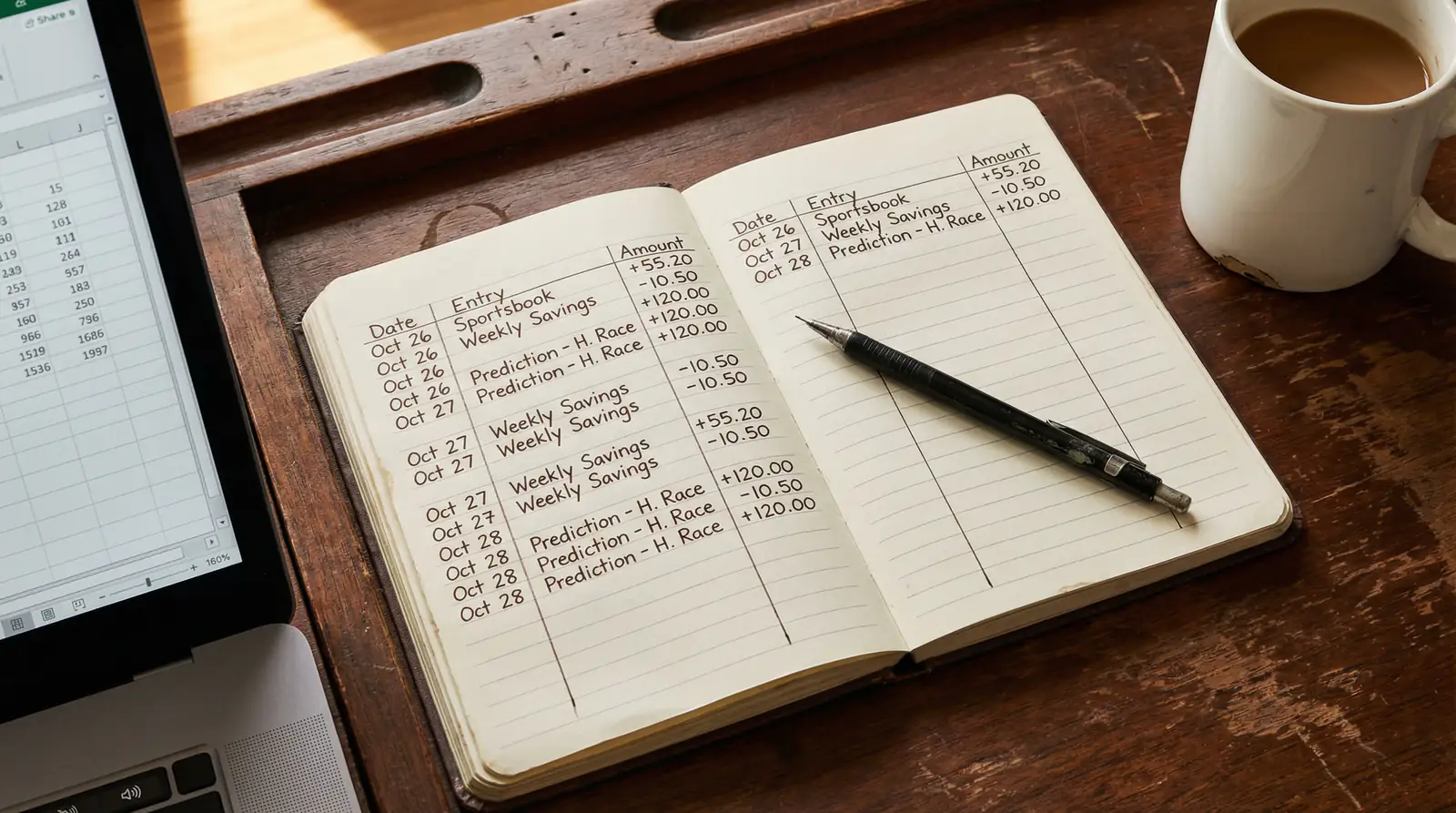Caderno de registo de apostas de basquetebol com anotações e percentagens de banca
