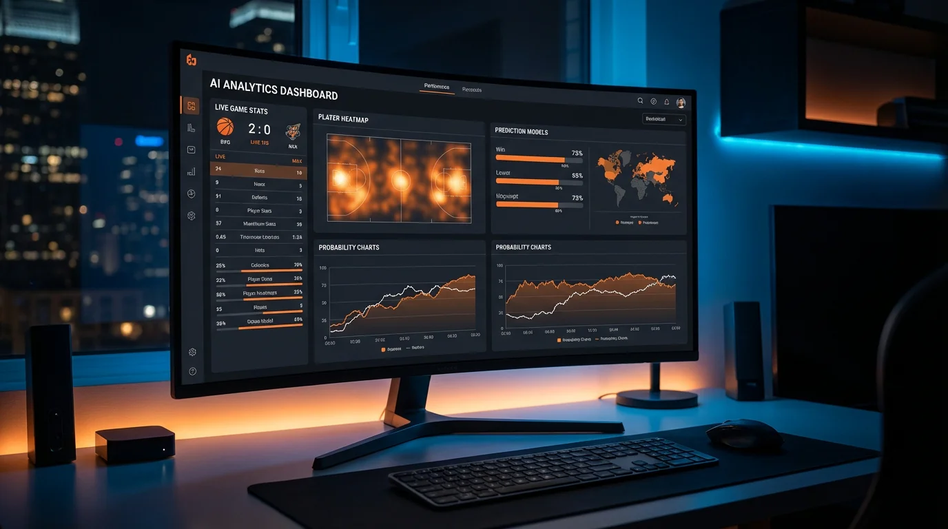 Ecra com modelo de inteligencia artificial a analisar dados estatisticos de jogos de basquetebol