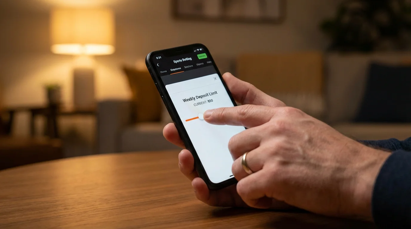 Mao a definir limite de deposito numa aplicacao de apostas desportivas no telemovel