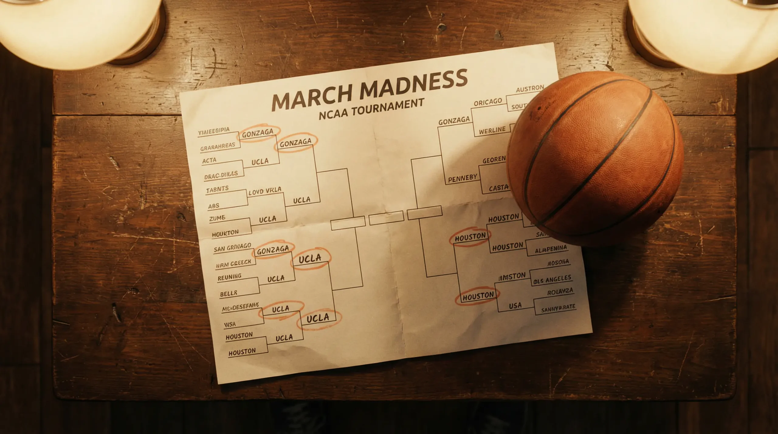 Tabela de eliminatorias do torneio March Madness NCAA com bola de basquetebol universitario