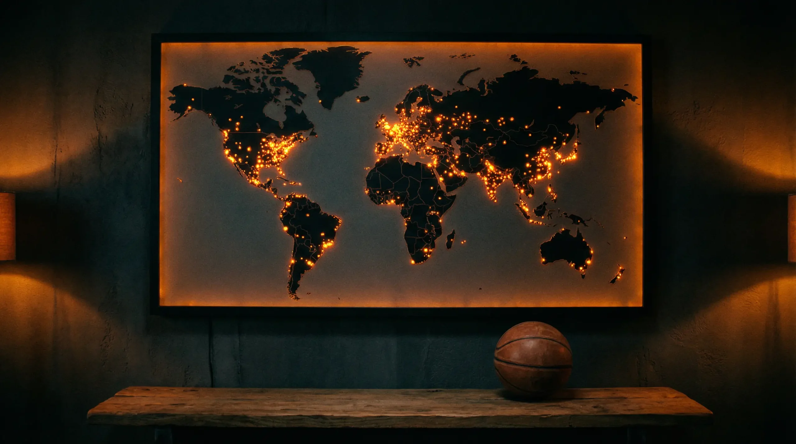 Mapa mundial iluminado com destaque nos principais mercados de apostas de basquetebol