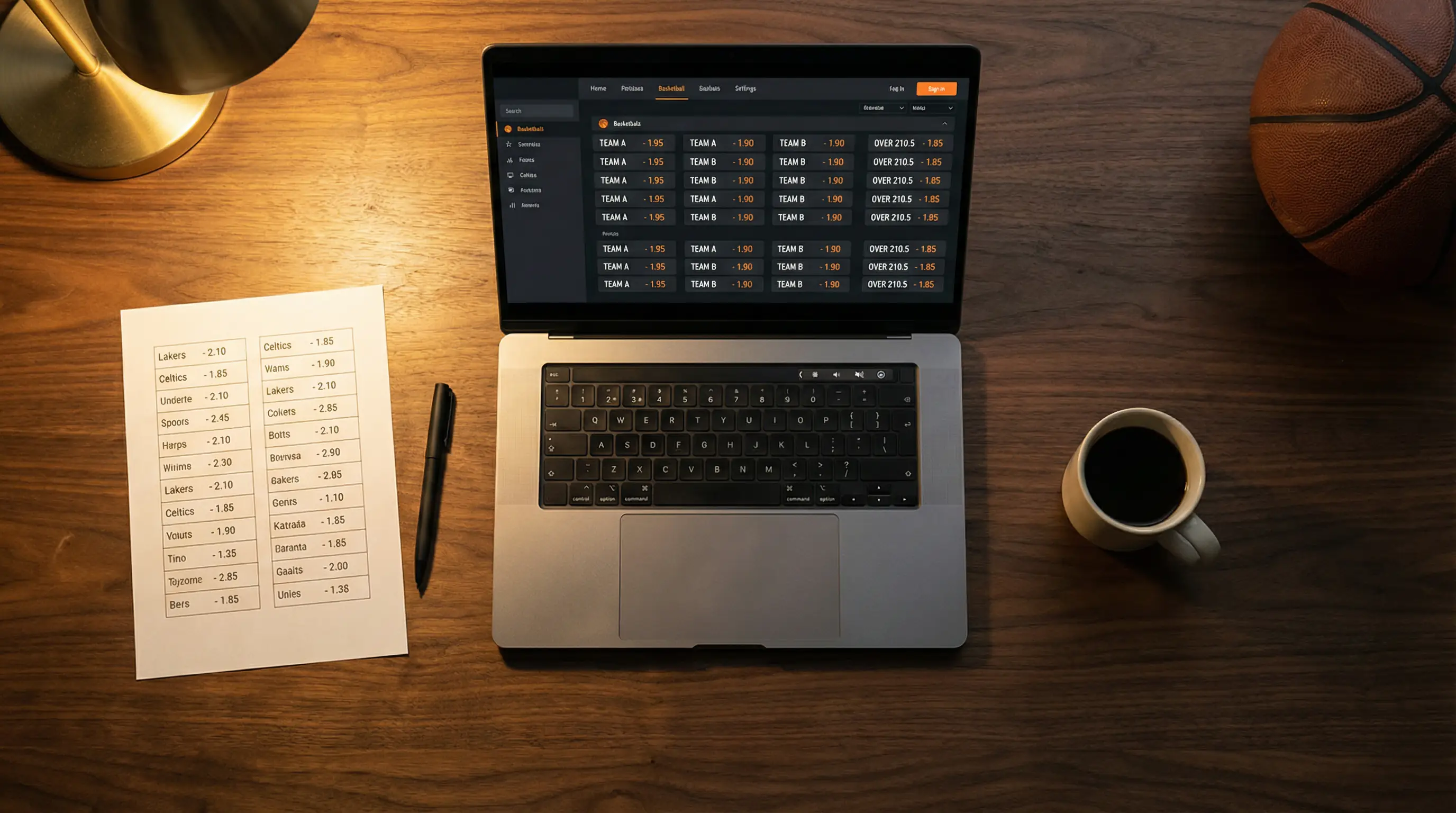 Mercados de apostas de basquetebol: spread, moneyline e over/under num ecrã de análise