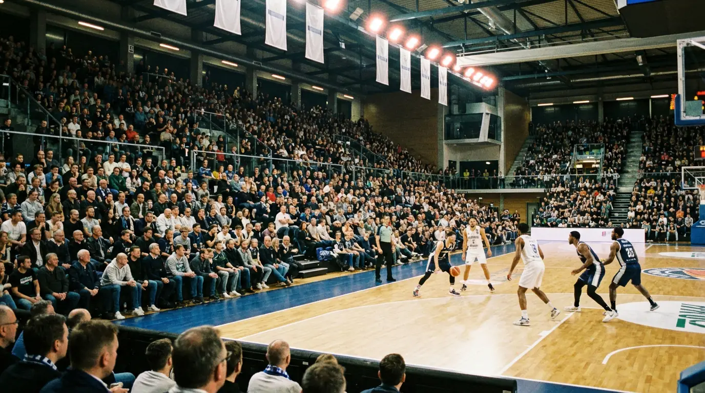 Pavilhão de basquetebol europeu durante um jogo da EuroLeague com bancada cheia