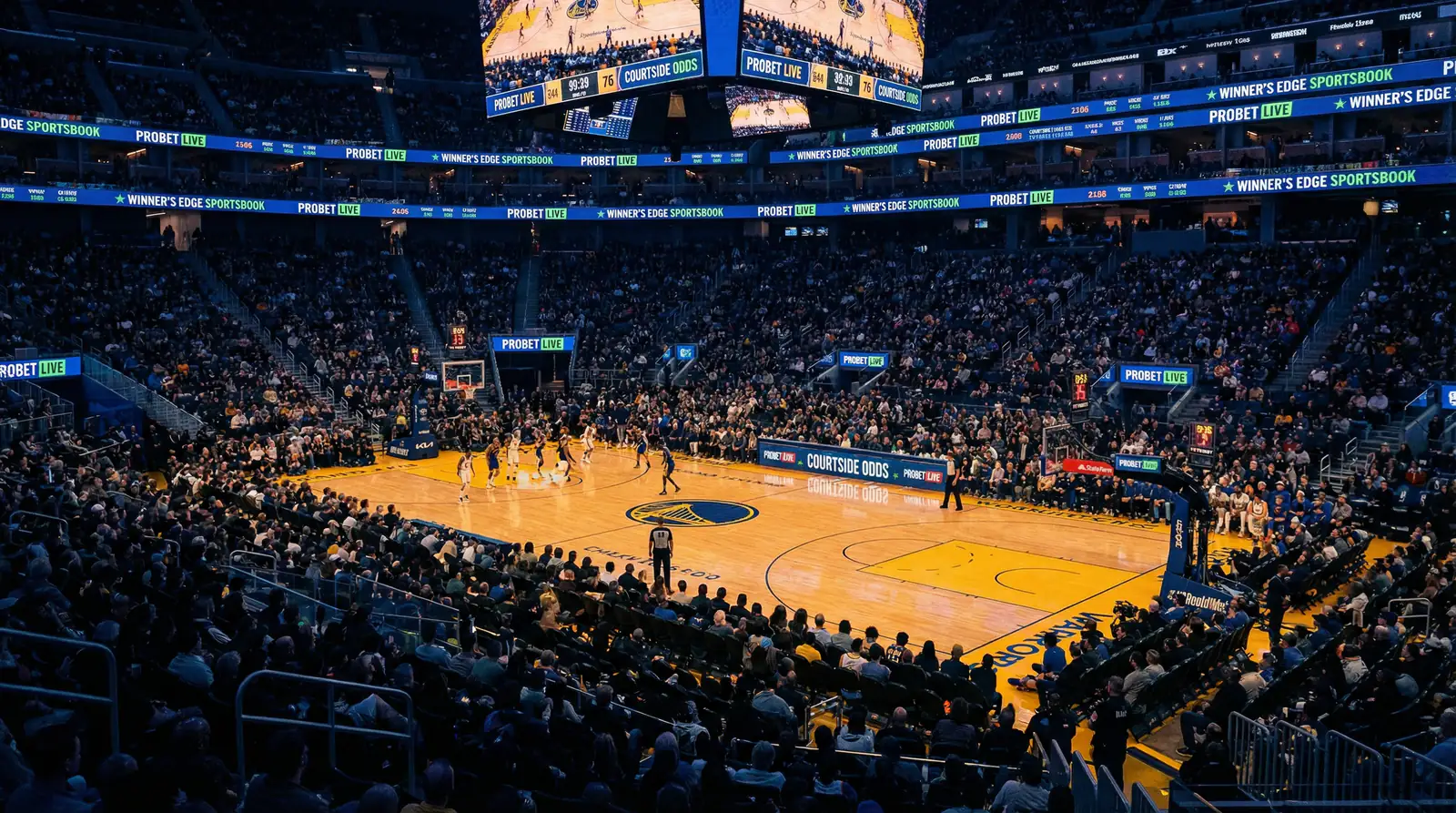 Arena NBA com logotipos de patrocinadores de apostas desportivas nos paineis laterais