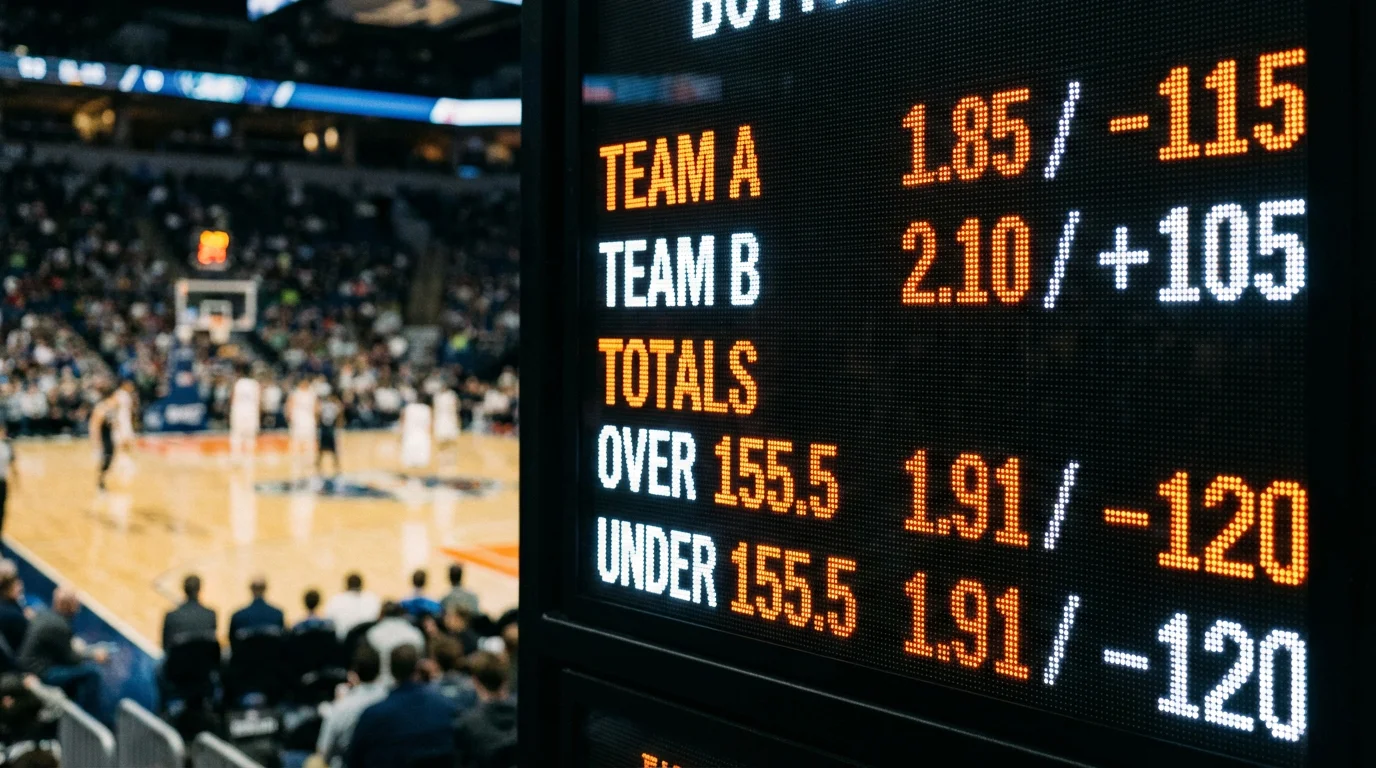 Painel de odds de apostas de basquetebol com numeros decimais e americanos em destaque
