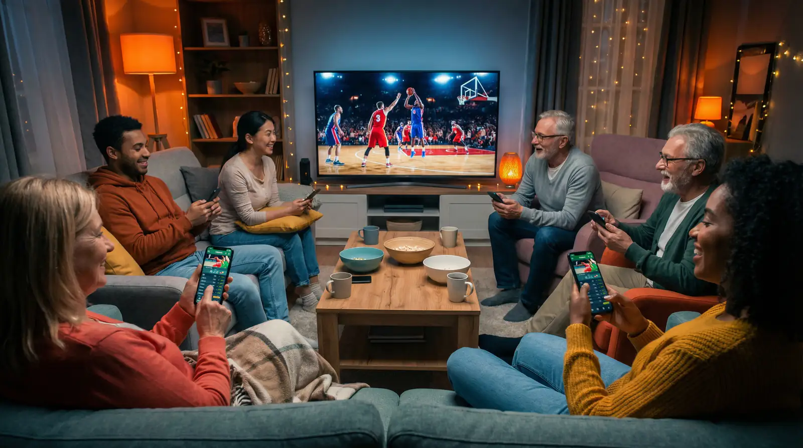 Grupo diverso de pessoas a assistir a jogo de basquetebol e a consultar apostas no telemovel