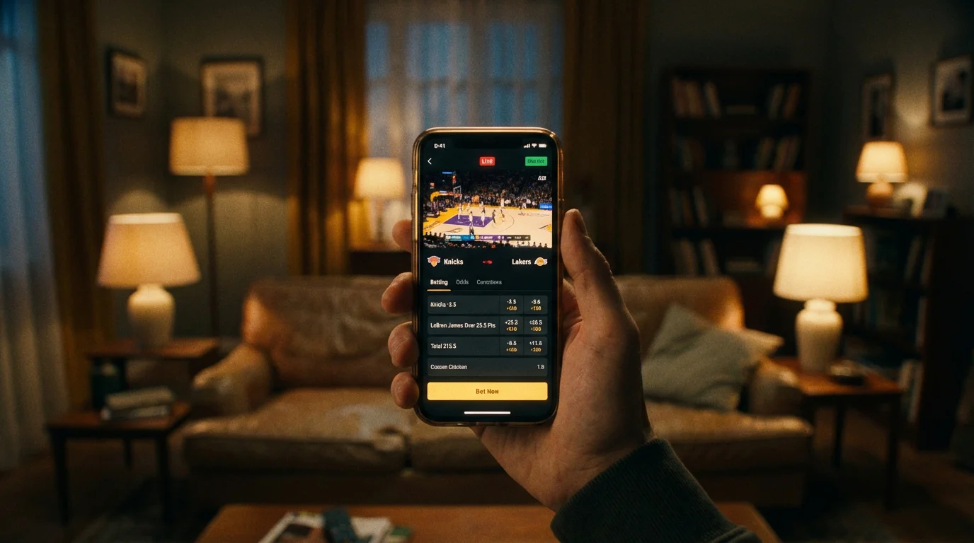 Telemovel com streaming de jogo de basquetebol e secao de apostas ao vivo no mesmo ecra